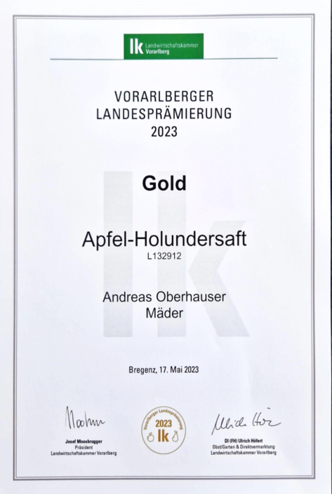 Vlbg. Landesprämierung 2023 - GOLD: Apfel-Holundersaft